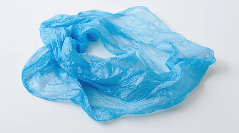 Crumpled blue plastic bag lying flat on white surface