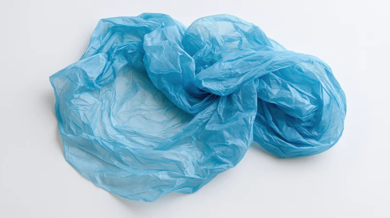 Crumpled blue plastic bag lying flat on white surface