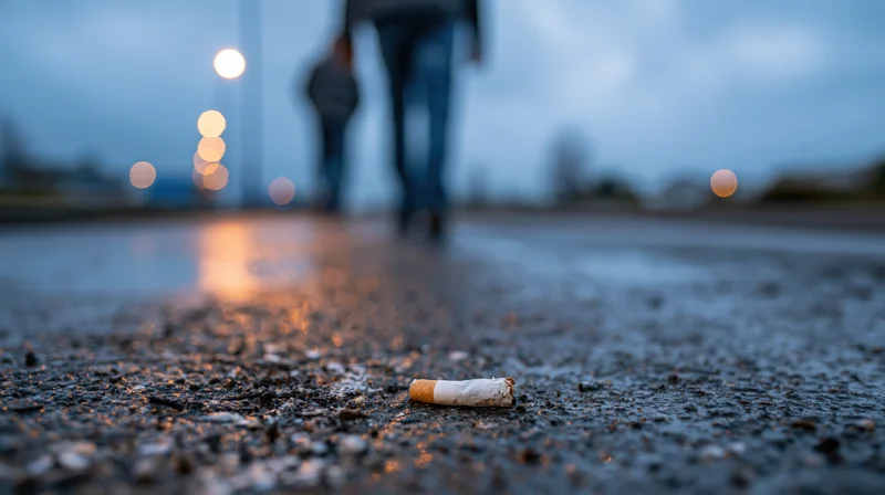 Crushed cigarette butt on wet asphalt with blurred people walking in the background at dusk