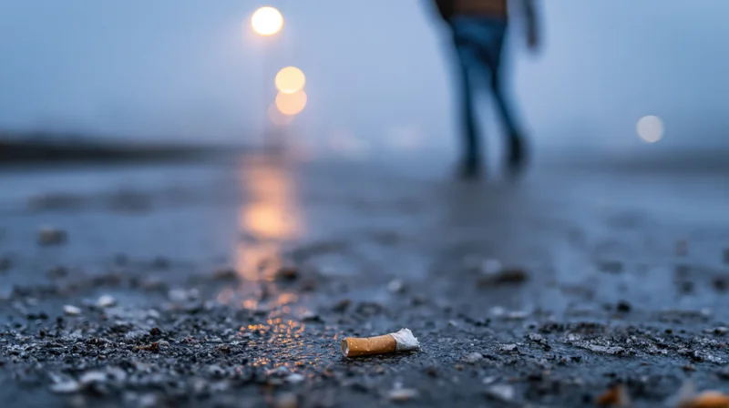 Crushed cigarette butt on wet asphalt with blurred person walking in background at dusk