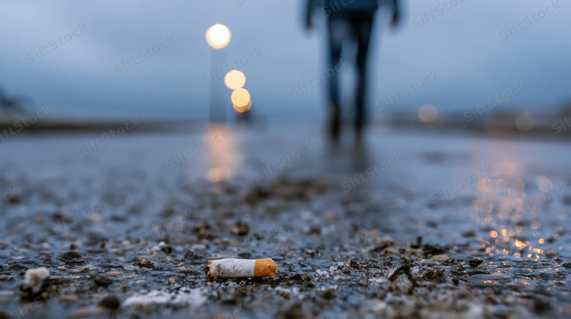 Crushed cigarette butt on wet asphalt with blurred figure walking in the distance at dusk