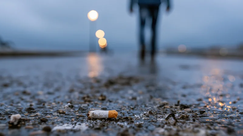 Crushed cigarette butt on wet asphalt with blurred figure walking in the distance at dusk