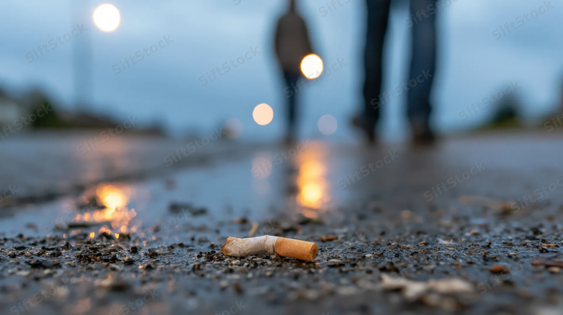 Crushed cigarette butt on wet asphalt with blurred people walking in the background at dusk