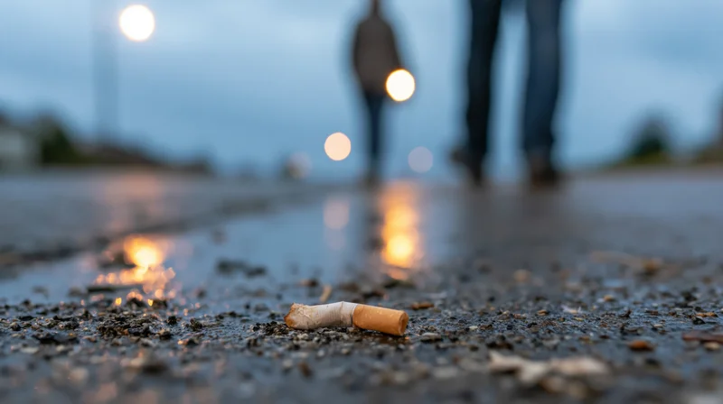 Crushed cigarette butt on wet asphalt with blurred people walking in the background at dusk
