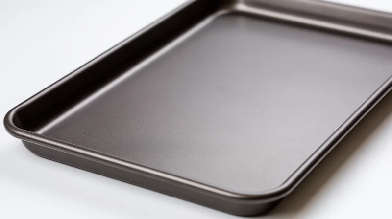 Dark gray nonstick baking sheet pan resting empty on white surface