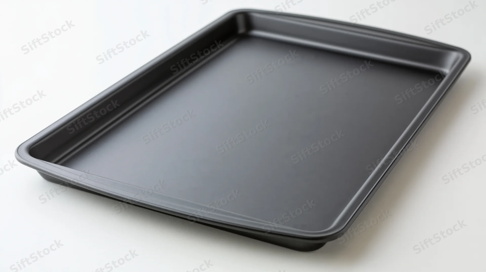 Dark grey nonstick baking sheet pan resting empty on white surface