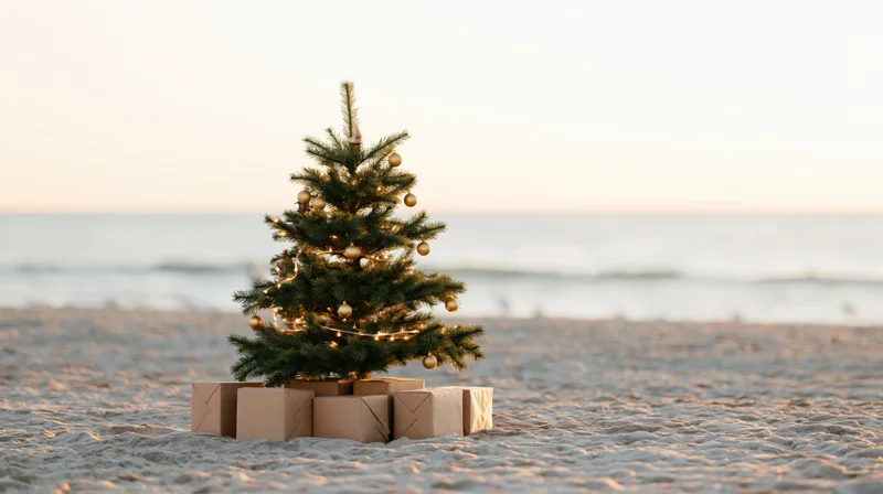 Decorated christmas tree with gold ornaments and string lights on sandy beach near ocean at sunset, surrounded by wrapped gifts