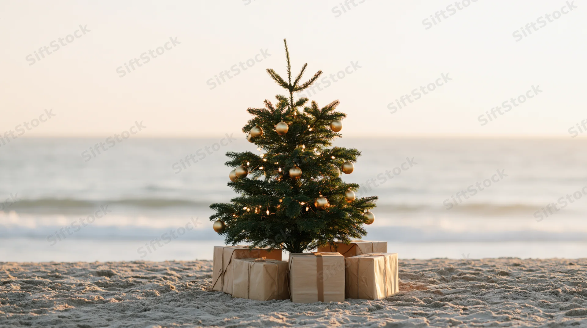 Decorated christmas tree with gold ornaments and wrapped gifts on sandy beach by ocean at sunset