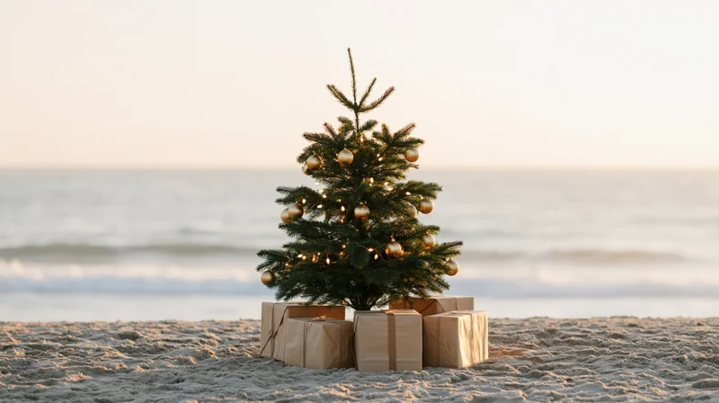 Decorated christmas tree with gold ornaments and wrapped gifts on sandy beach by ocean at sunset