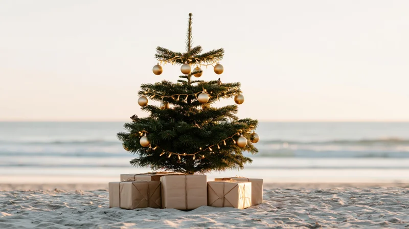 Decorated christmas tree with gold ornaments and string lights on sandy beach near ocean at sunset