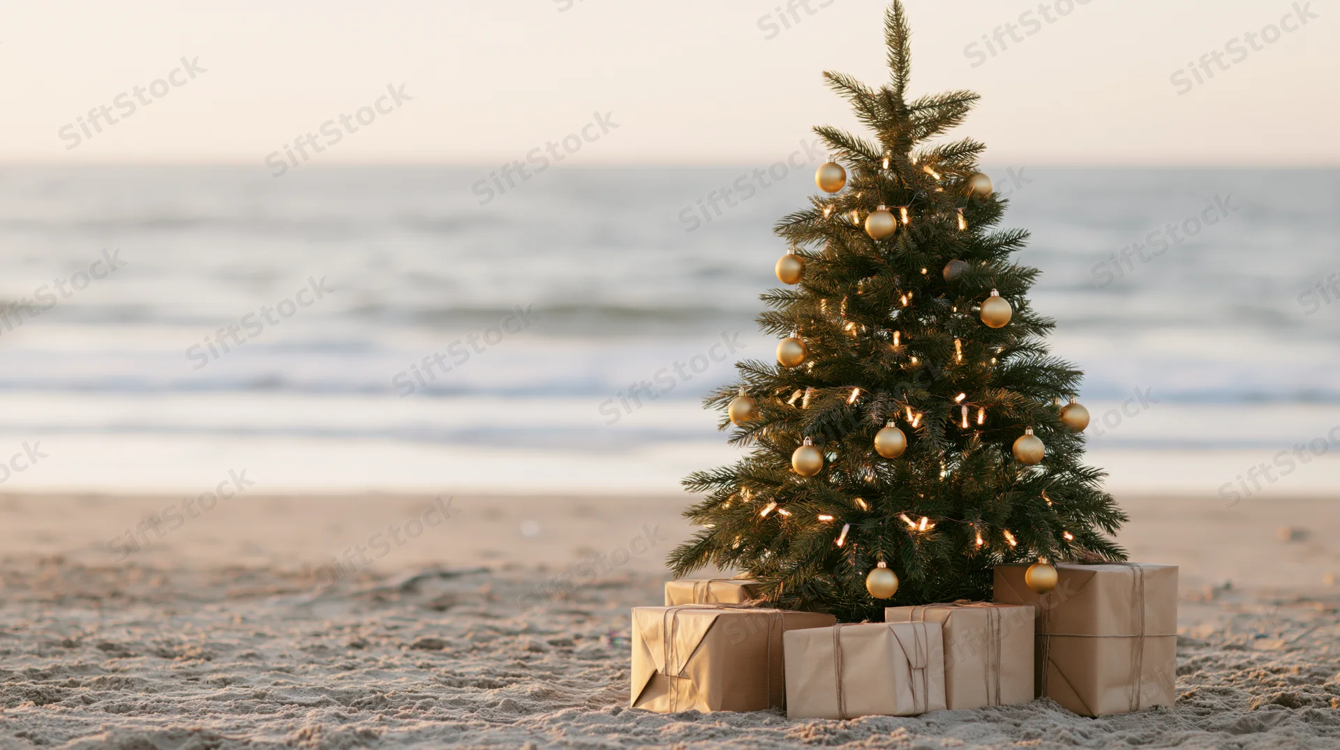 Decorated christmas tree with gold ornaments and string lights on sandy beach near ocean at sunset, surrounded by wrapped gifts