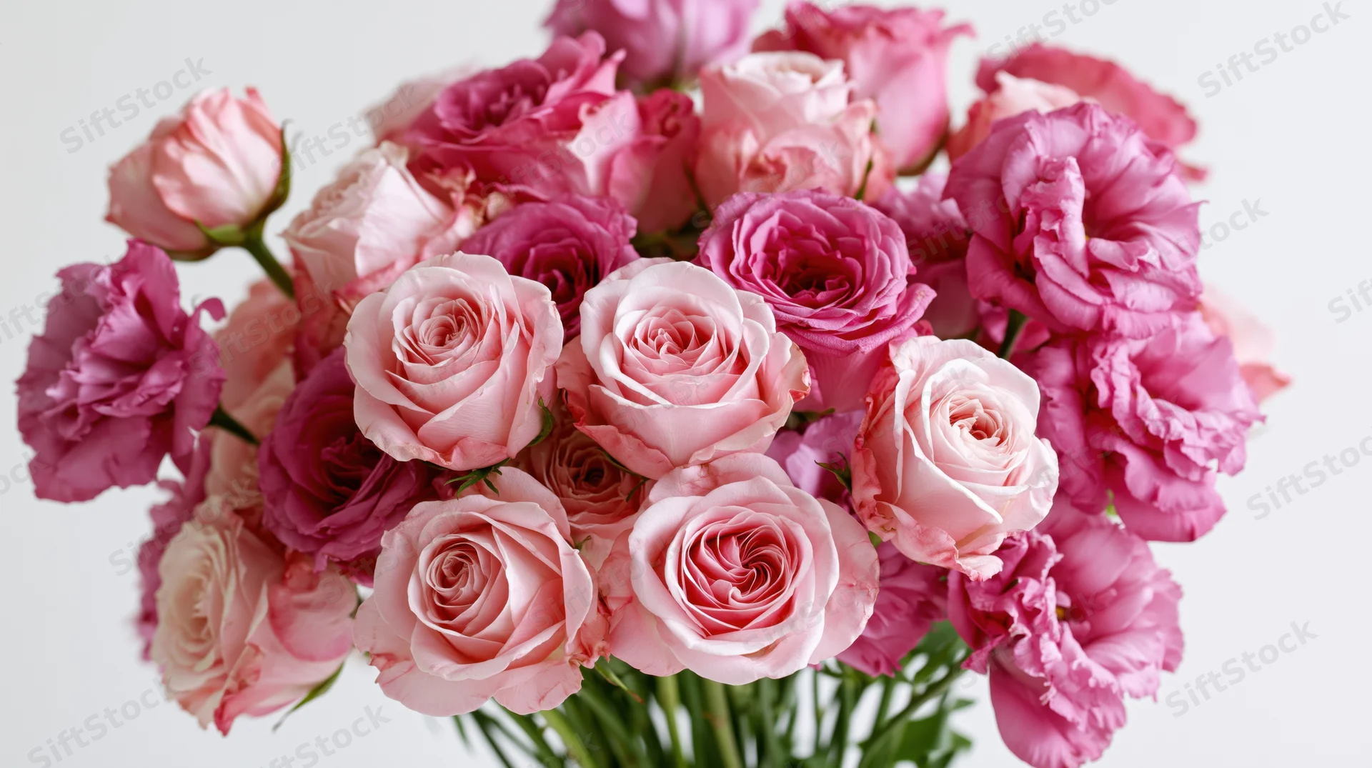 Dense bouquet of pink roses and lisianthus flowers arranged together against white background