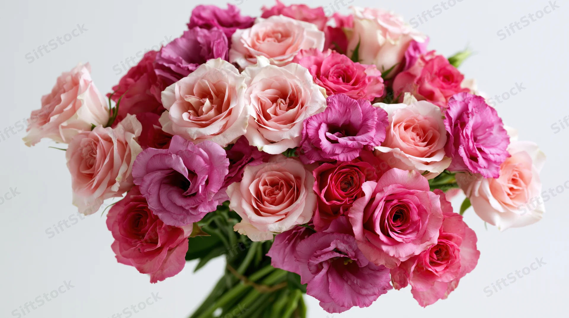 Dense bouquet of pink roses and lisianthus flowers arranged together with green stems against white background