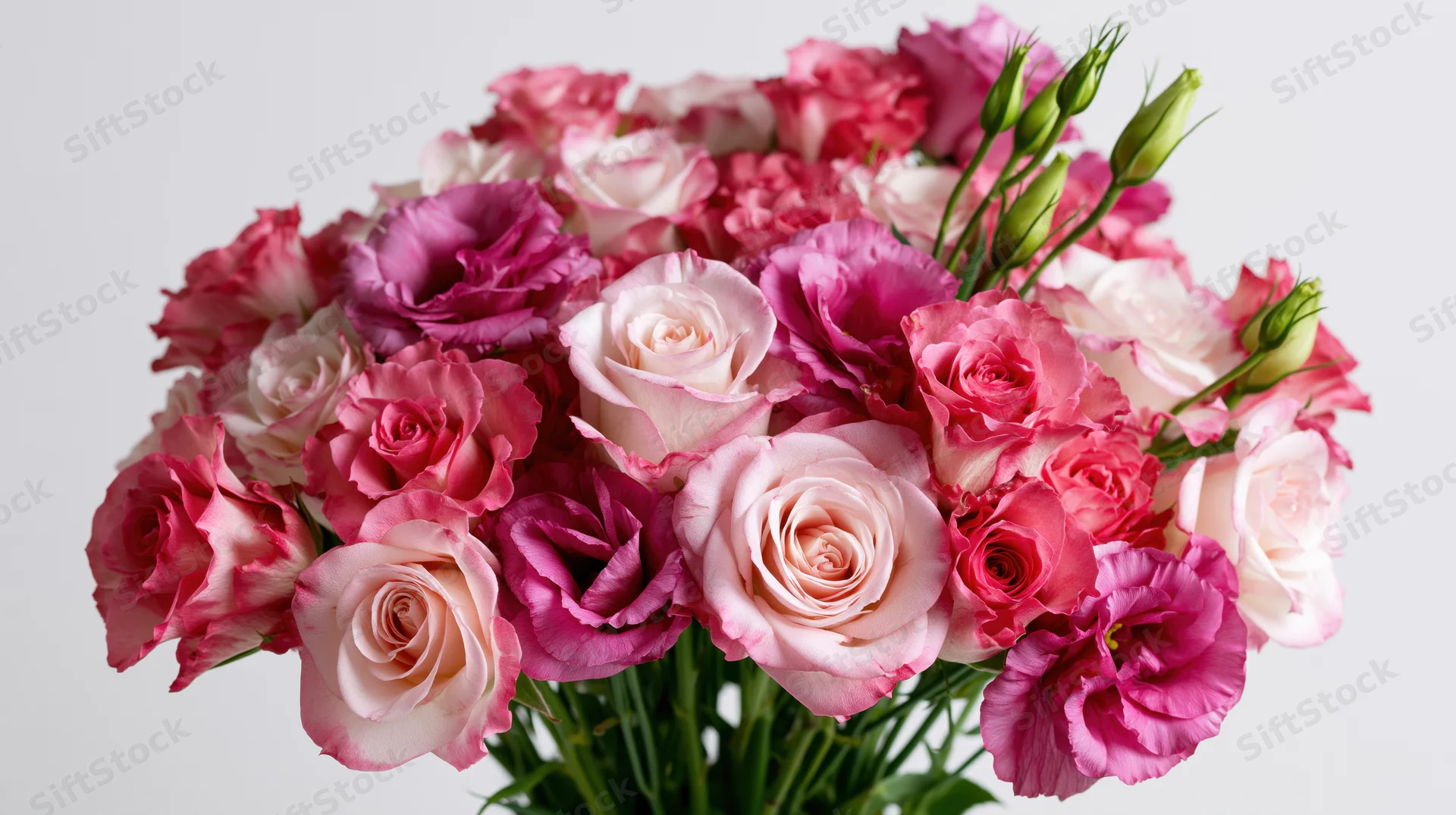 Dense bouquet of pink roses and lisianthus flowers arranged together against a white background