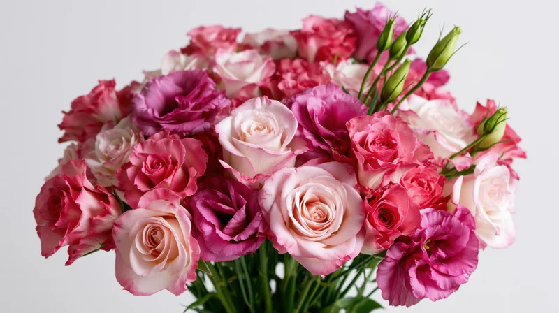 Dense bouquet of pink roses and lisianthus flowers arranged together against a white background