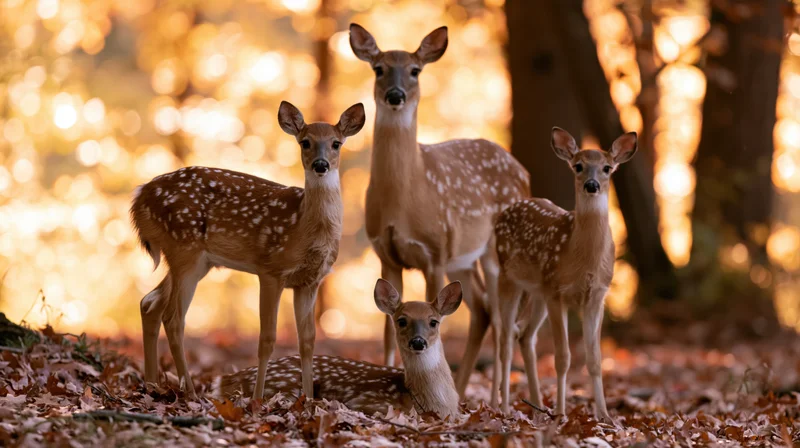 A doe and three fawns standing and resting on a forest floor covered in autumn leaves