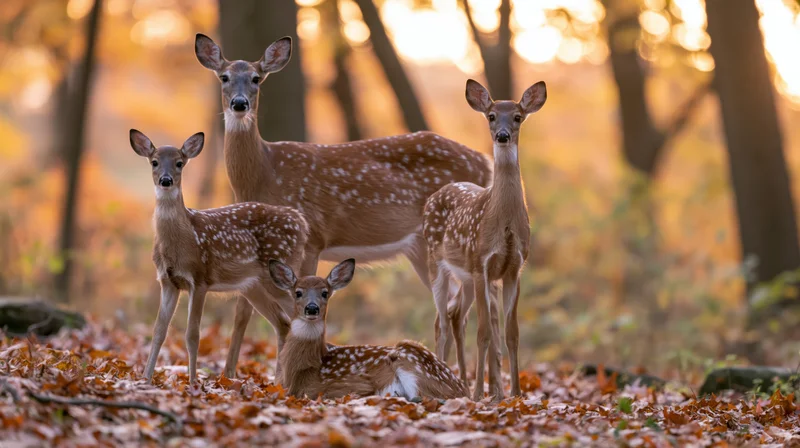 A doe and three fawns standing together on a forest floor covered in autumn leaves