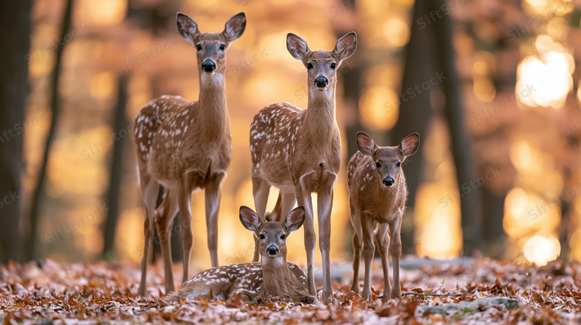Four deer including a doe and three fawns standing and lying on a forest floor covered in autumn leaves