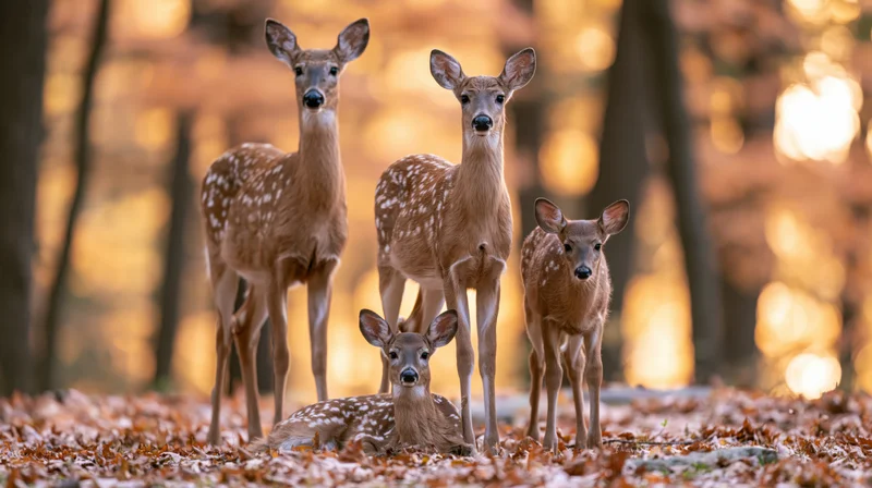 Four deer including a doe and three fawns standing and lying on a forest floor covered in autumn leaves