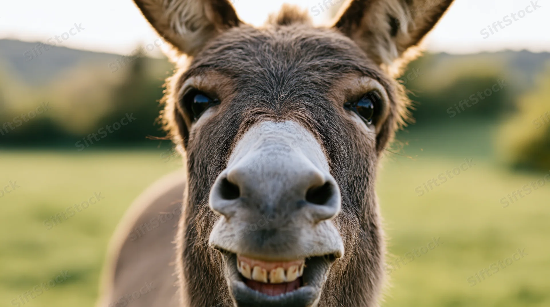 Donkey facing camera head-on with open mouth showing teeth in a grassy field