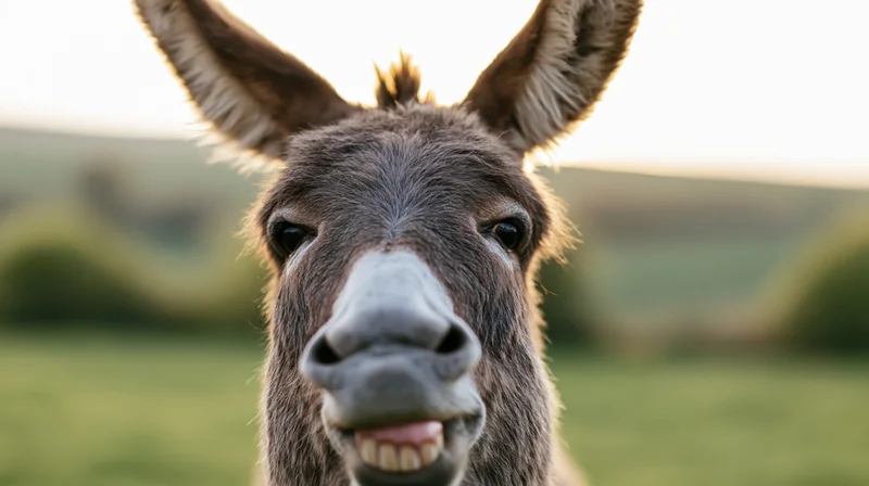 Donkey facing camera with open mouth showing teeth in a grassy field