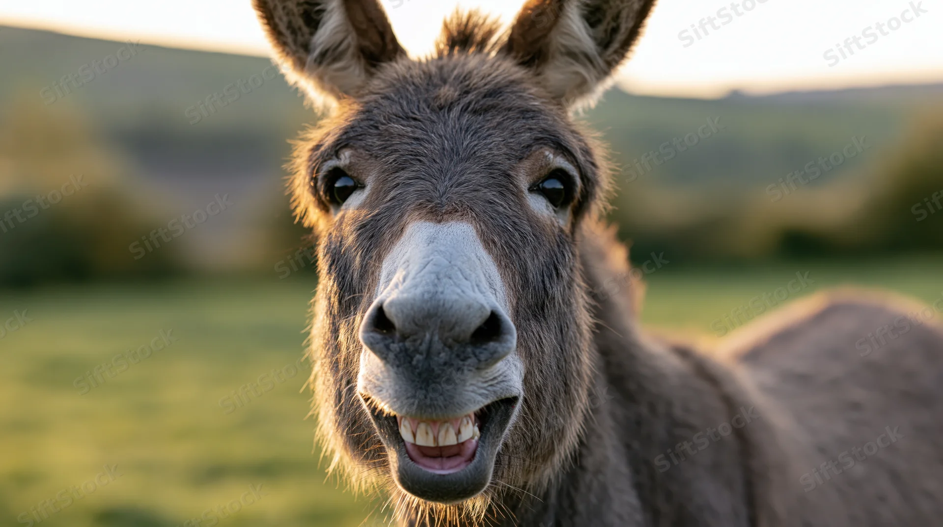 Donkey facing camera with open mouth showing teeth in a grassy field at golden hour