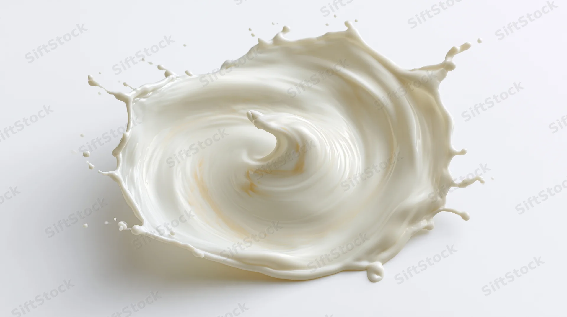 Dynamic milk splash forming a swirling vortex on a white surface