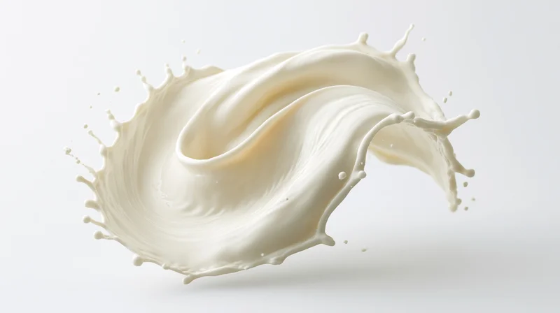 Dynamic milk splash mid-motion twisting wave form against white background