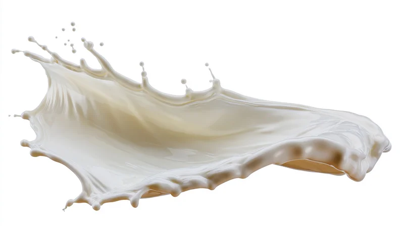 Dynamic wave-shaped splash of white milk frozen mid-air against white background