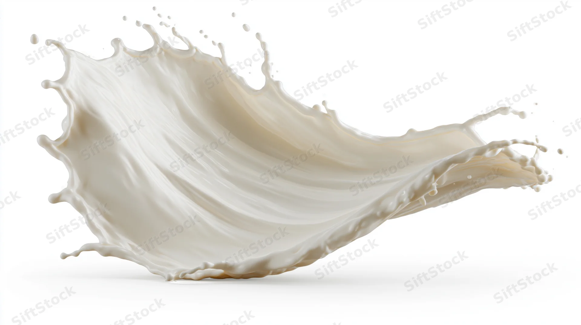 Dynamic wave-shaped splash of white milk frozen mid-air against white background