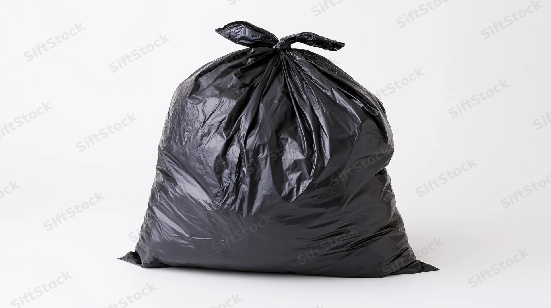 Filled black plastic garbage bag tied at the top sitting on white surface