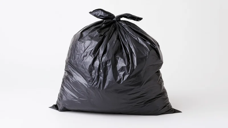 Filled black plastic garbage bag tied at the top sitting on white surface