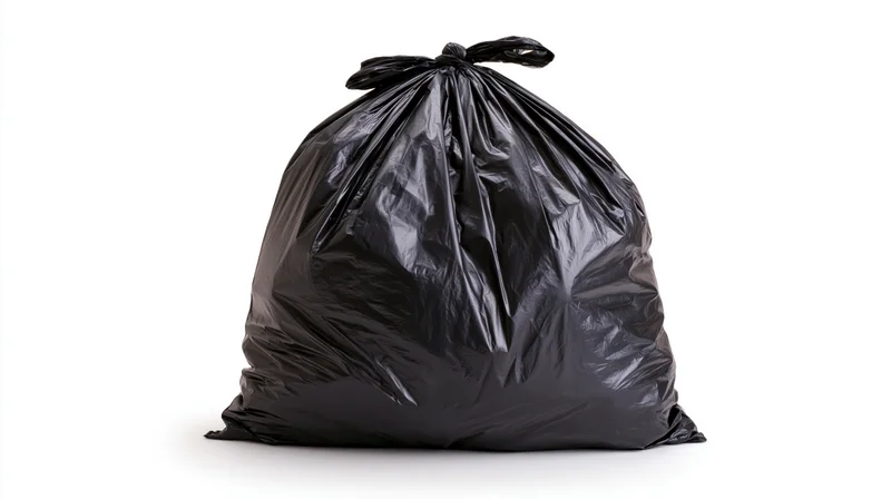 Filled black plastic garbage bag tied at the top sitting upright on white background