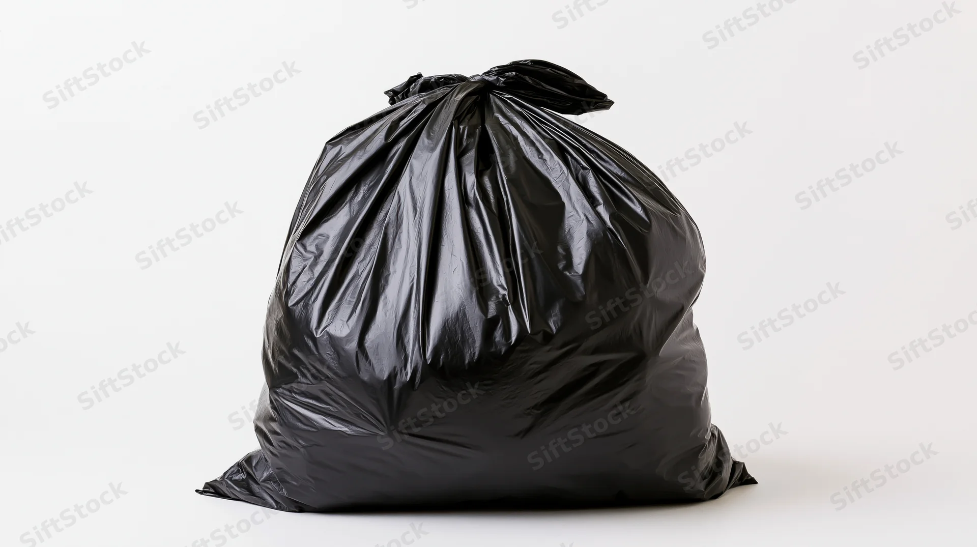 Filled black plastic garbage bag tied at the top sitting on white surface