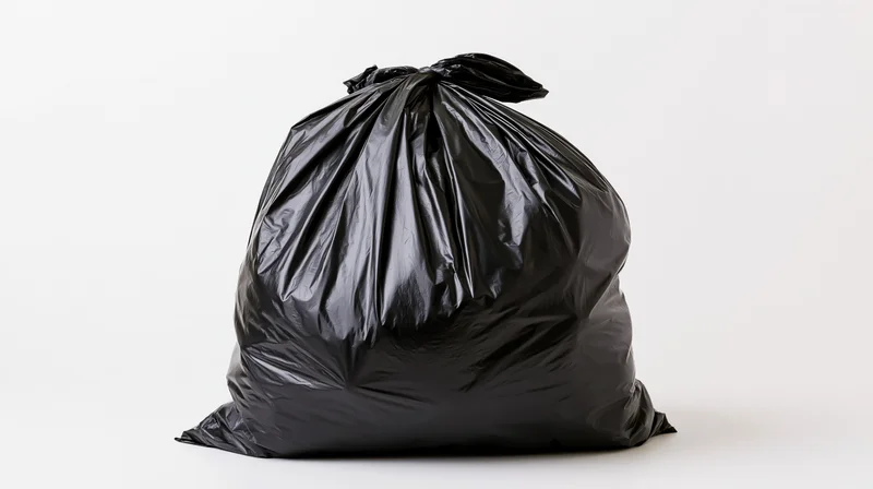 Filled black plastic garbage bag tied at the top sitting on white surface