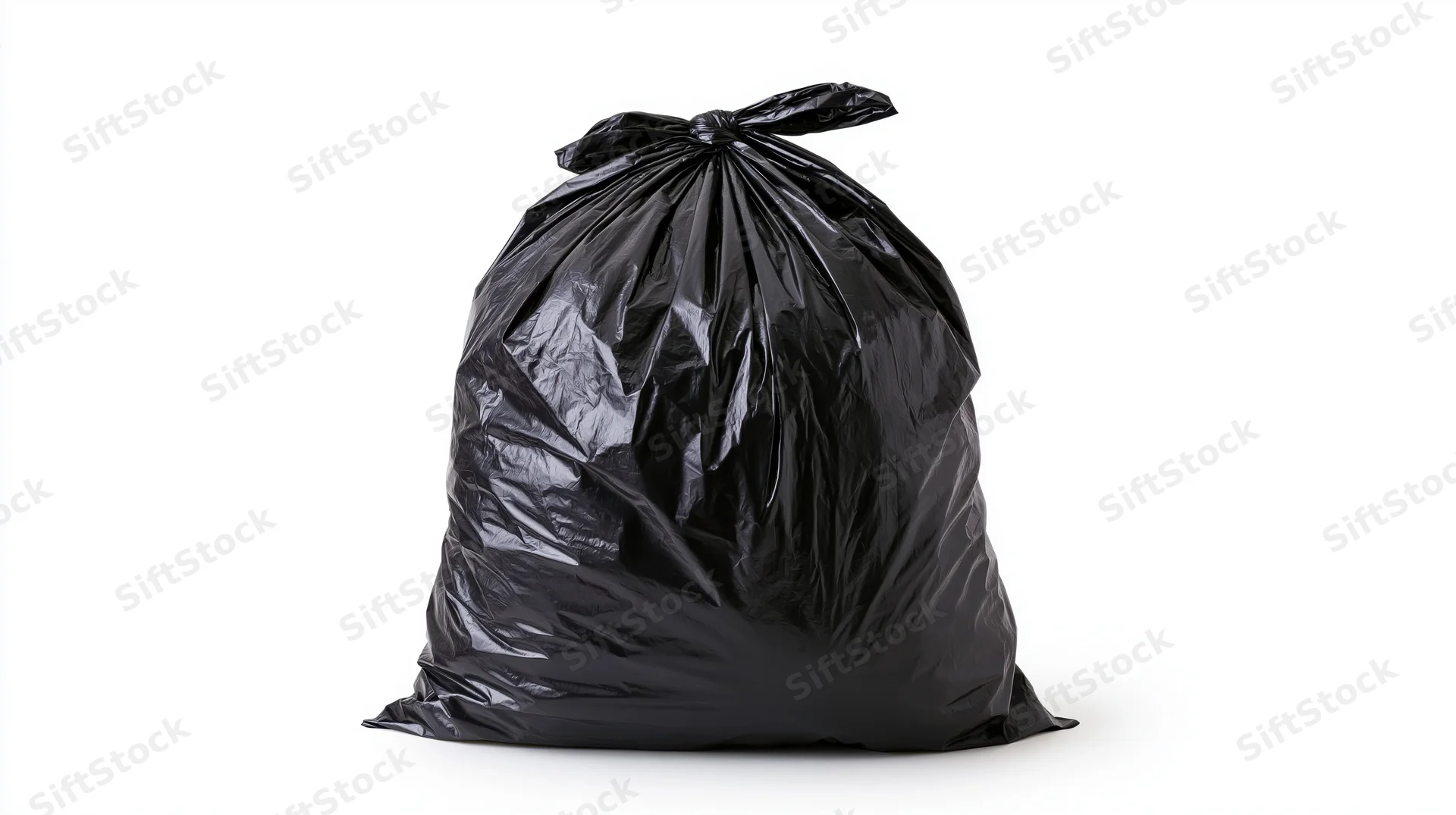 Filled black plastic garbage bag tied at the top sitting upright on white background