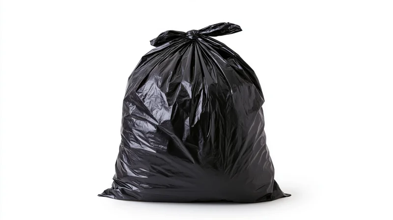 Filled black plastic garbage bag tied at the top sitting upright on white background