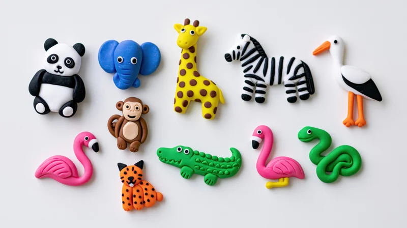 Colorful clay animal figurines arranged in a flat lay on white background