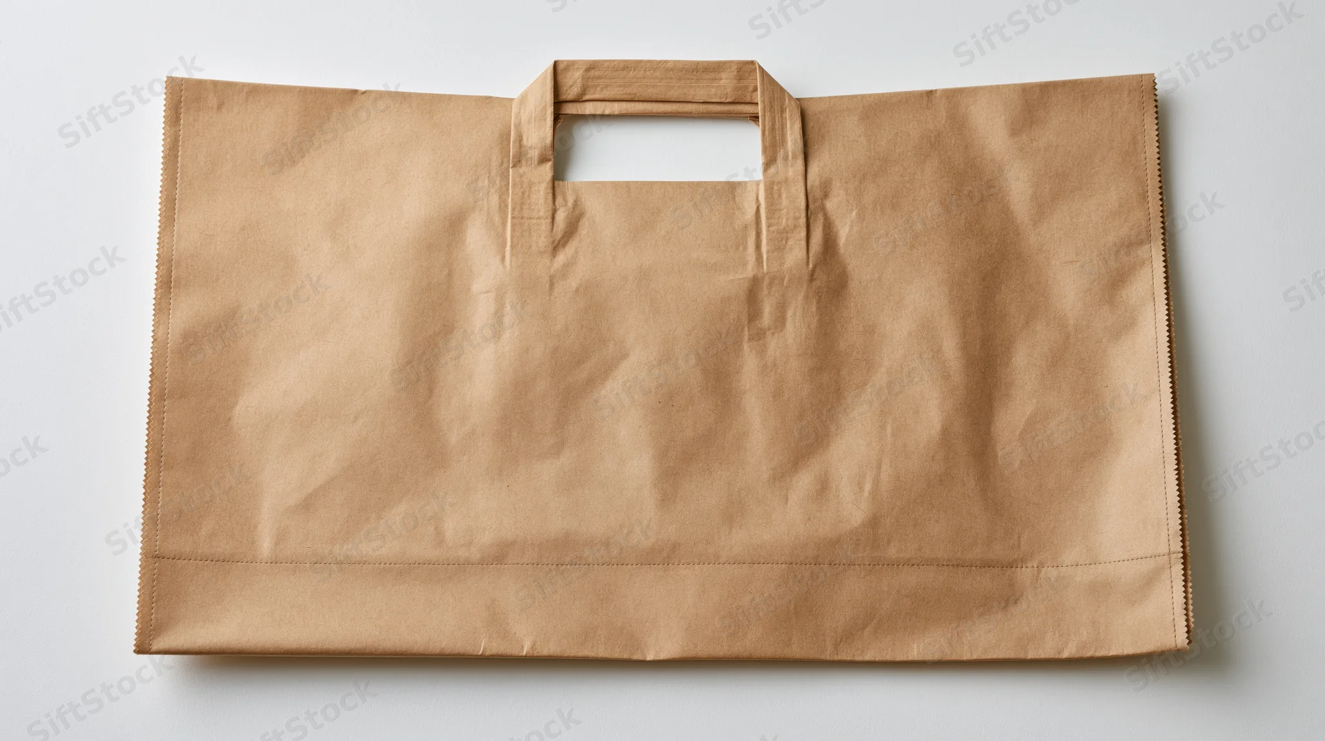 Flat brown kraft paper bag with folded handle on white surface