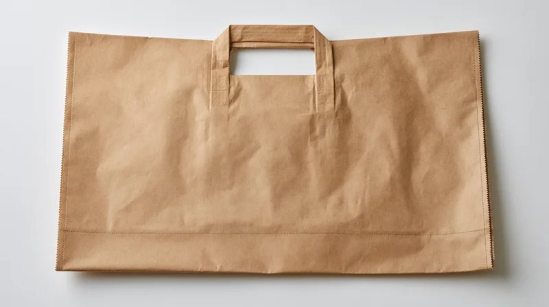 Flat brown kraft paper bag with folded handle on white surface