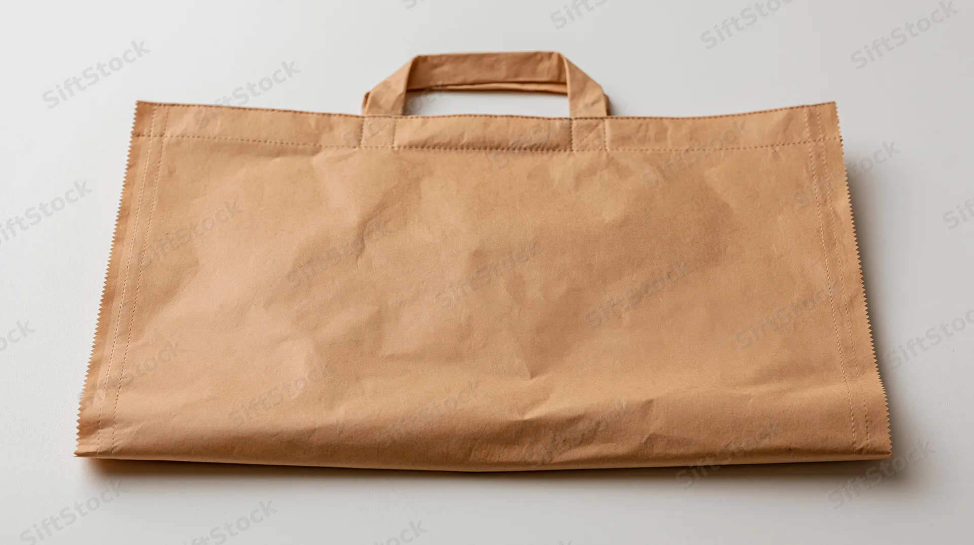 Flat brown kraft paper bag with folded handle lying on white surface
