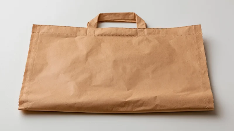 Flat brown kraft paper bag with folded handle lying on white surface