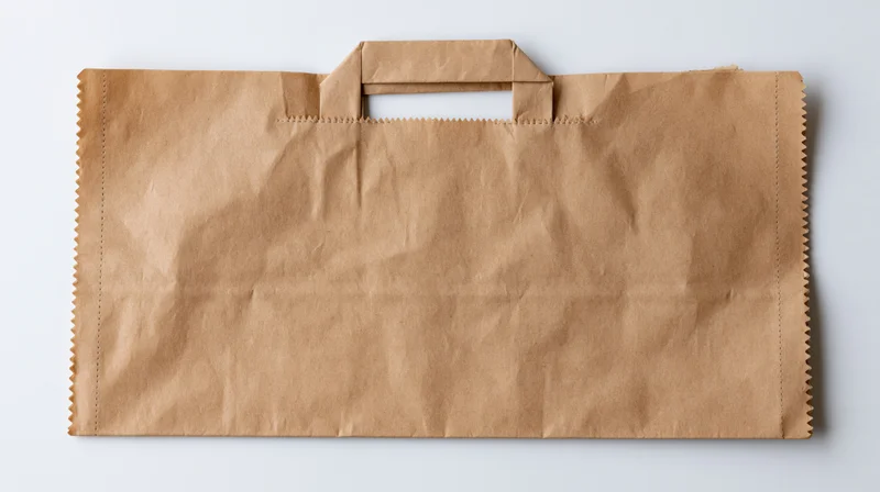 Flat brown kraft paper bag with folded handle lying on white surface