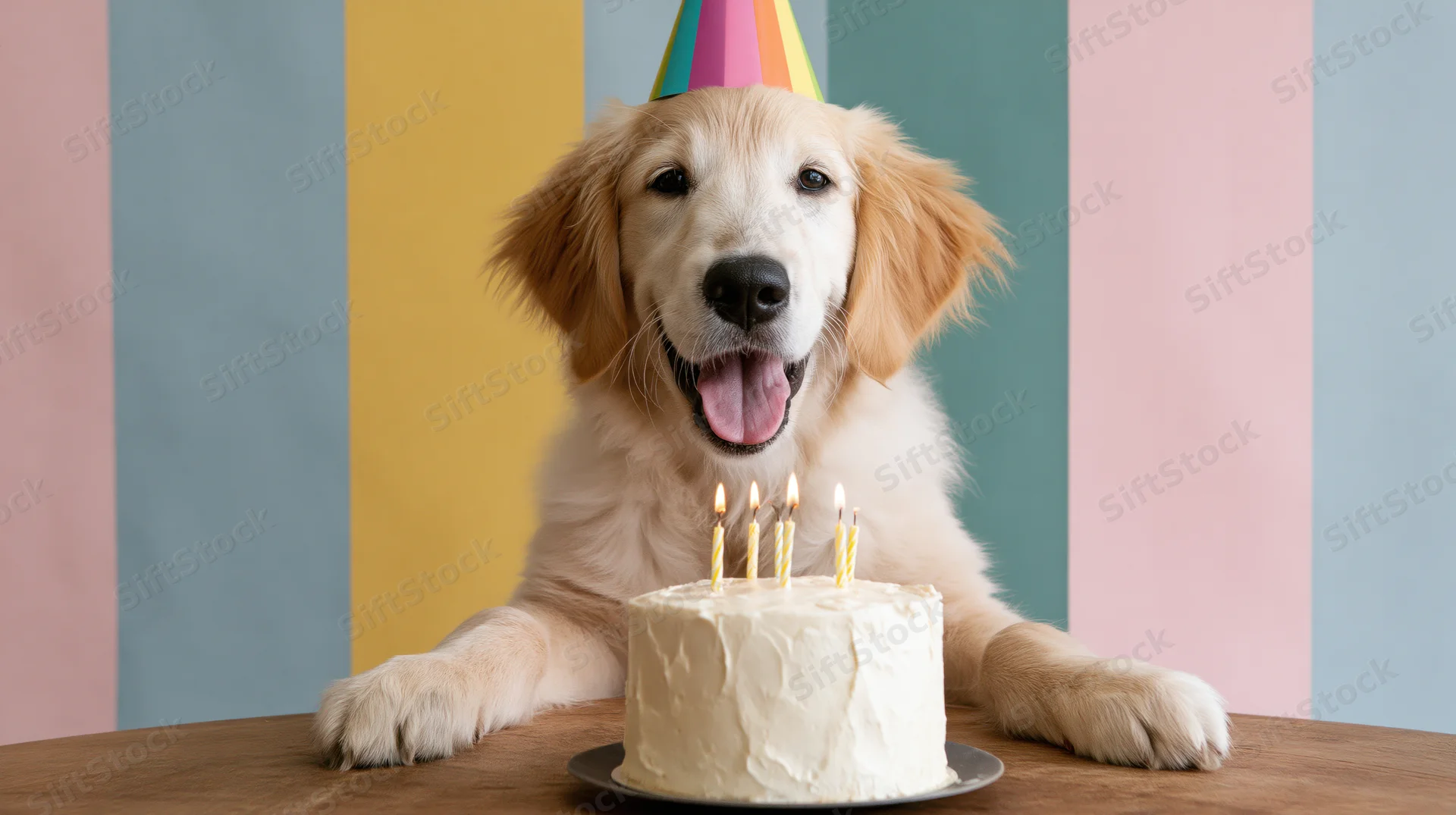 Golden retriever puppy wearing party hat with birthday cake on table