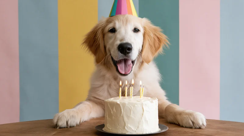 Golden retriever puppy wearing party hat with birthday cake on table