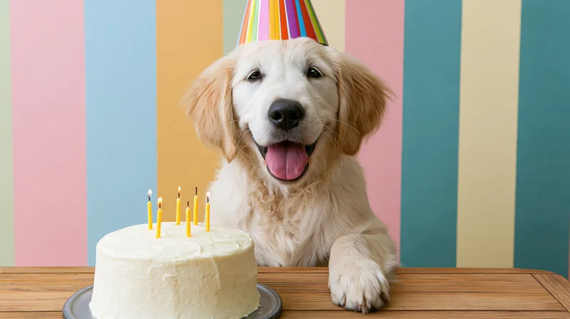 Golden retriever puppy wearing party hat beside birthday cake on wooden table