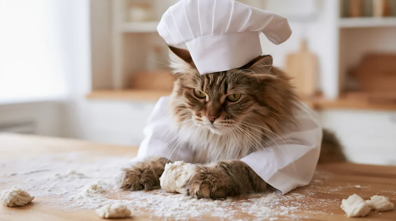 Fluffy tabby cat wearing chef hat and apron, lying on floured wooden table with dough pieces in kitchen