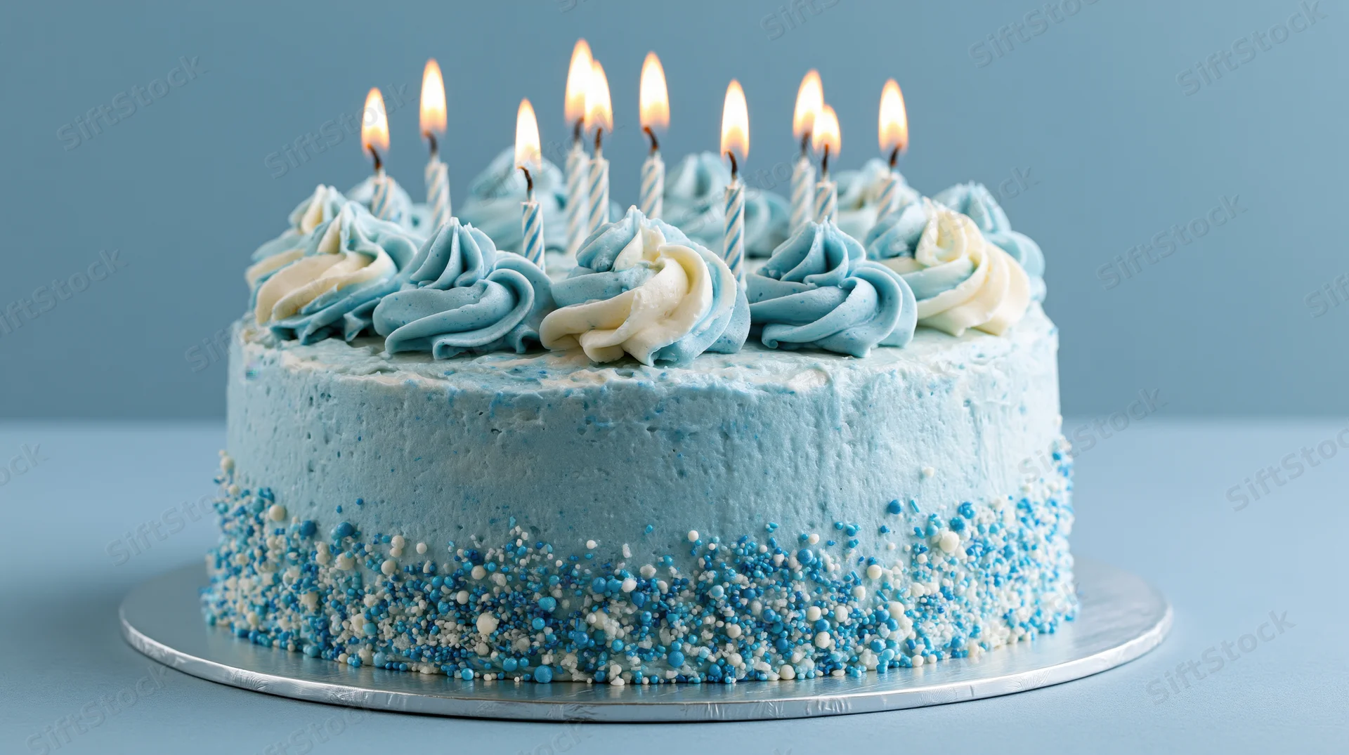 Blue and white frosted birthday cake with lit candles on a silver cake stand against a blue background