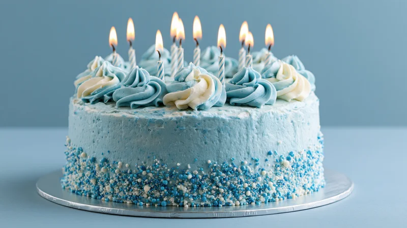 Blue and white frosted birthday cake with lit candles on a silver cake stand against a blue background