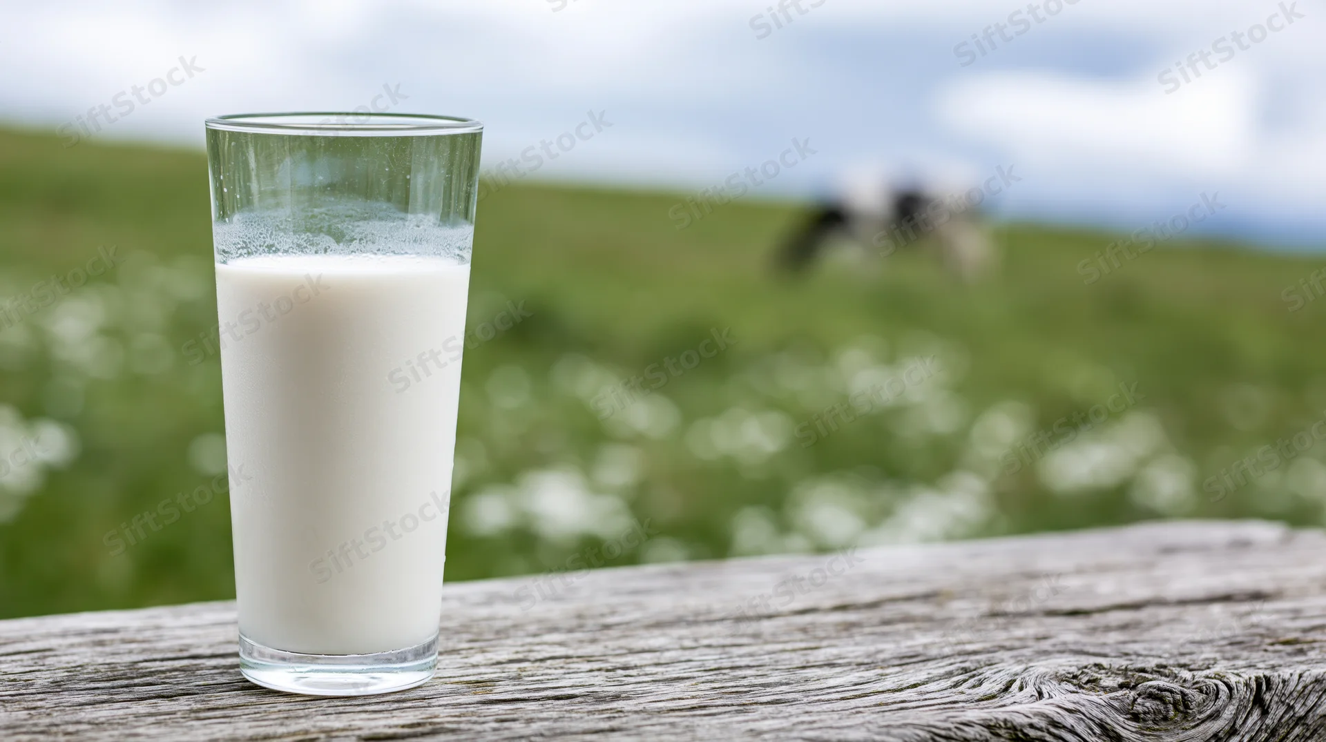 Glass of fresh milk on a weathered wooden table in a green pasture